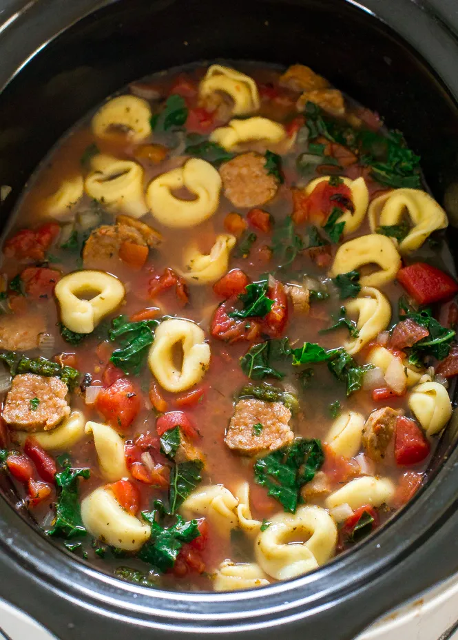 Slow Cooker Tortellini Soup with Sausage and Kale