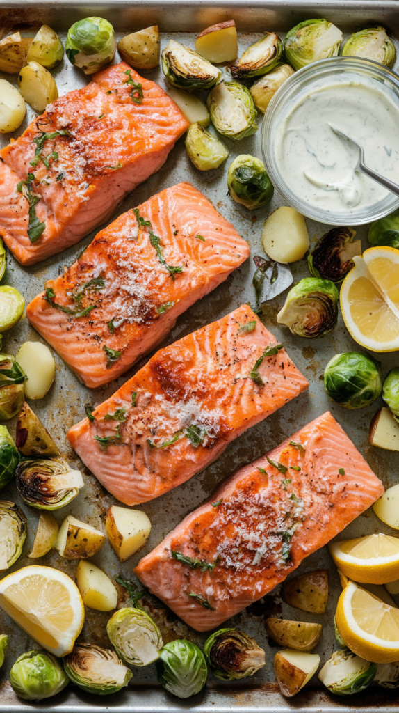 Sheet Pan Honey Mustard Salmon with Caesar Roasted Potatoes