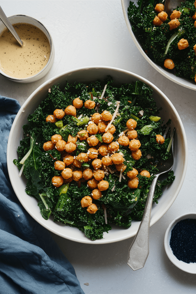 Kale Tahini Caesar Salad with Chickpea Croutons