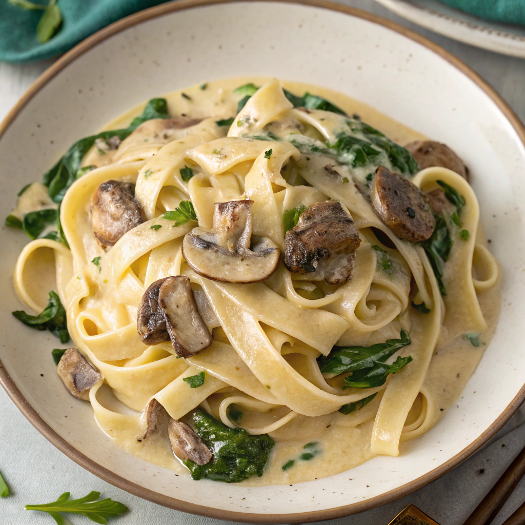 Creamy Mushroom and Spinach Fettuccine