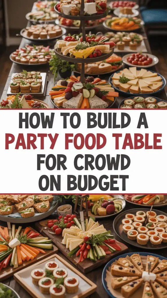 Party food table styled with layered crackers, charcuterie, vegetables, and desserts