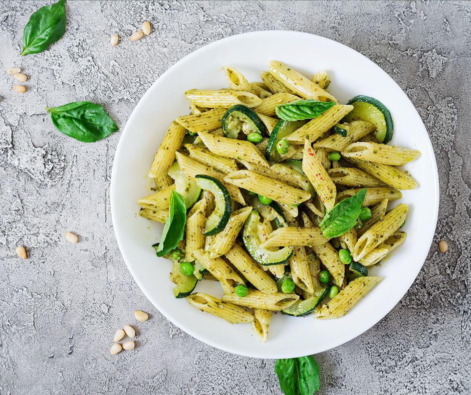 Penne Pasta with Pesto Sauce, Zucchini, Green Peas and Basil ingredients
