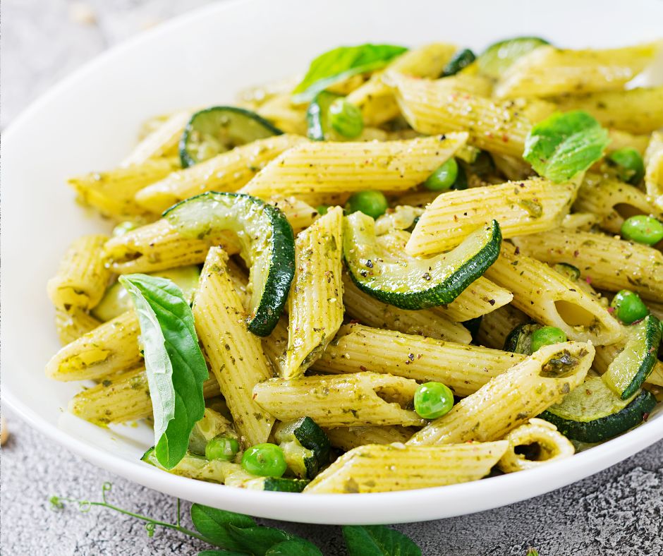 Penne Pasta with Pesto Sauce, Zucchini, Green Peas and Basil step by step
