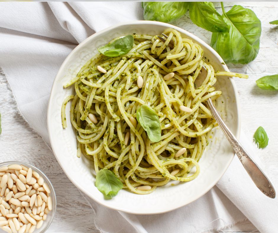 Pesto pasta ingredients laid out